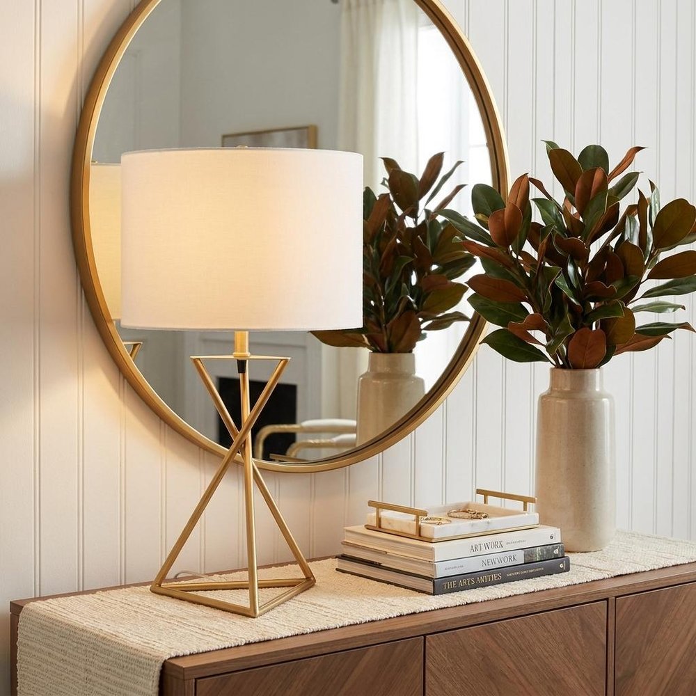 Contemporary Gold Geo Table Lamp with White Shade