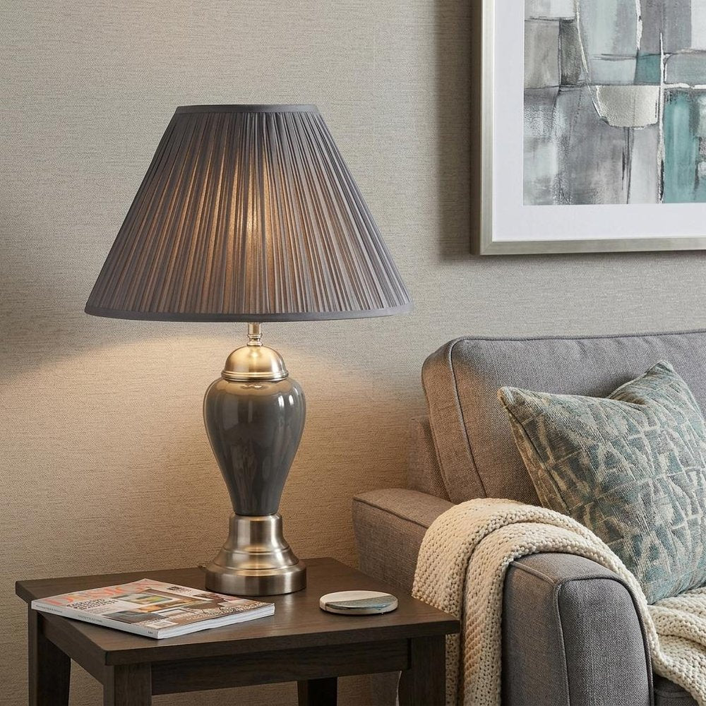27" Gray and Silver Metal Urn Table Lamp With Gray Empire Shade
