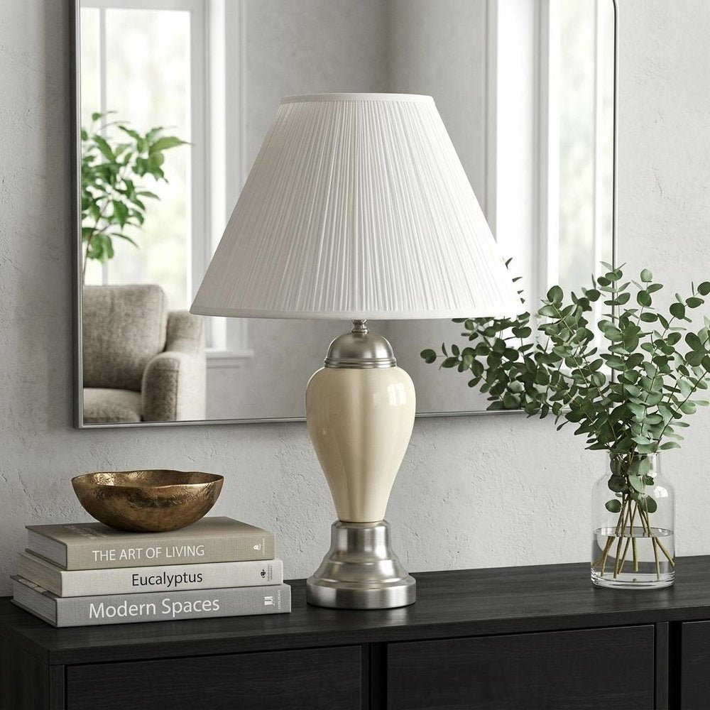 27" Gray and Silver Metal Urn Table Lamp With Gray Empire Shade