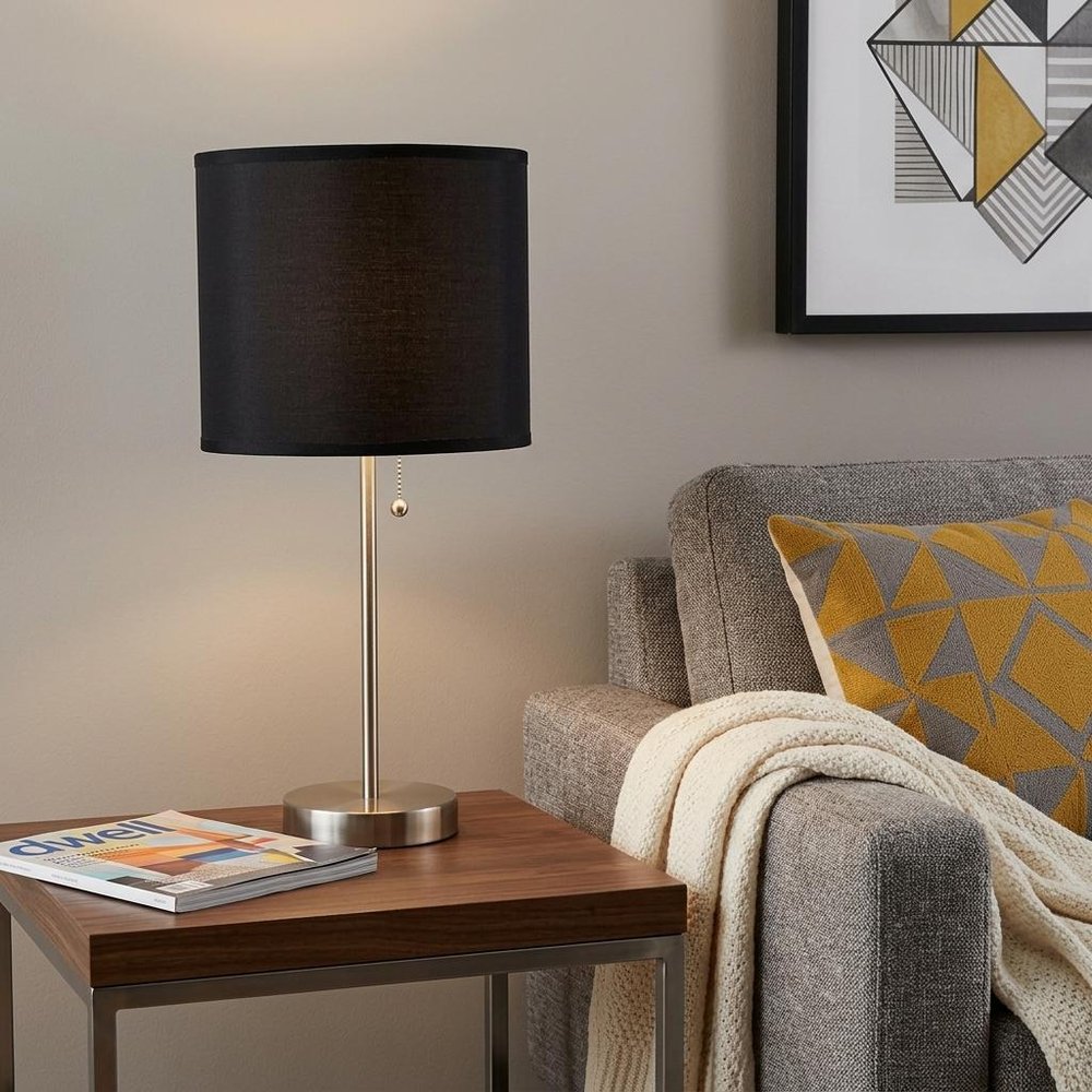 16" Silver Metal Candlestick Table Lamp With Black Classic Drum Shade