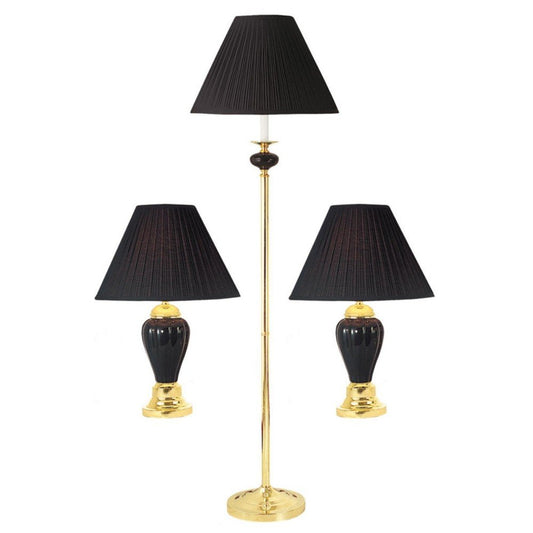 Set of Three 64" Black Urn Bedside Lamps With Empire Shades