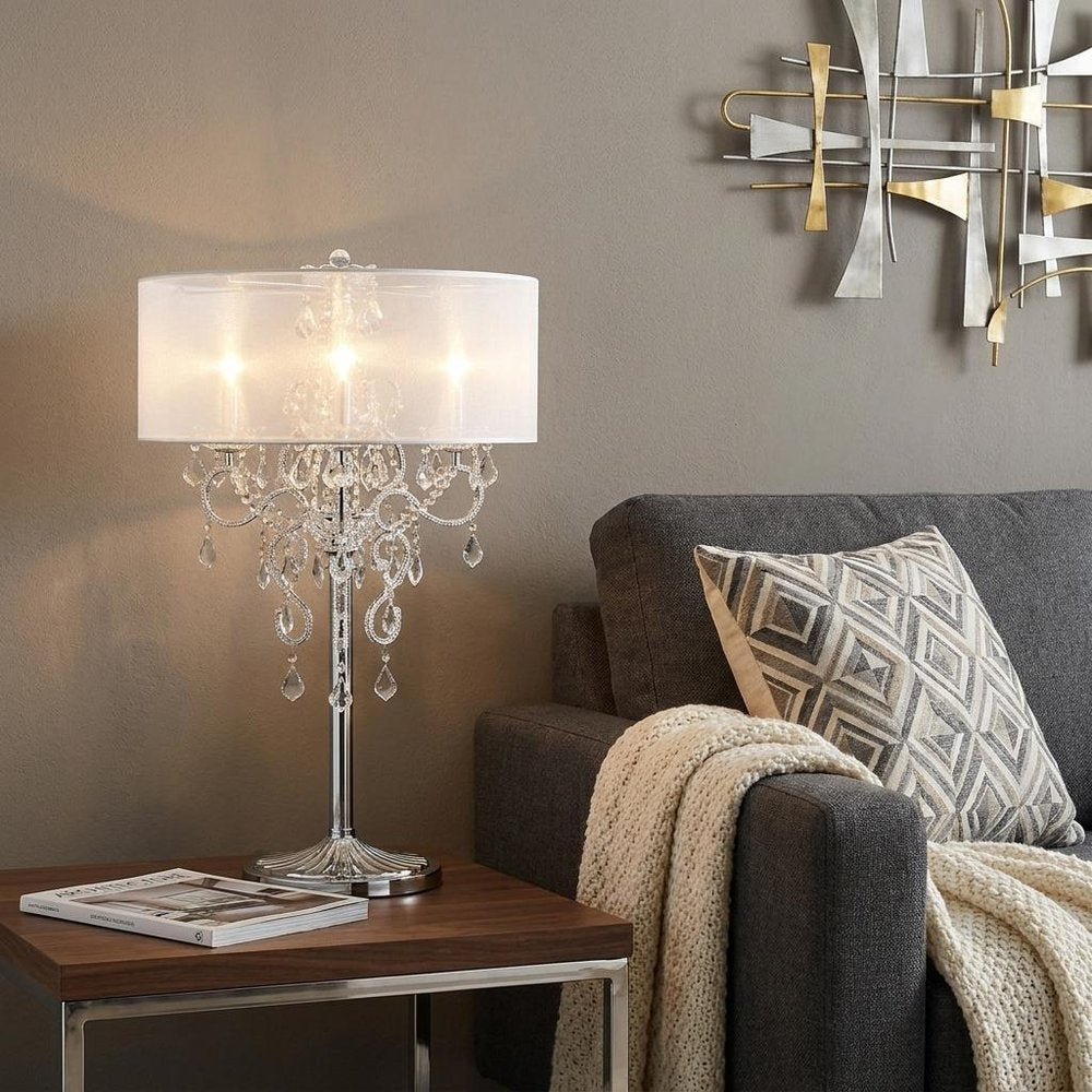 Glam Silver Faux Crystal Accent Table Lamp with See Thru Shade