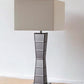 Black Glass Tower Table Lamp with Beige Fabric Shade