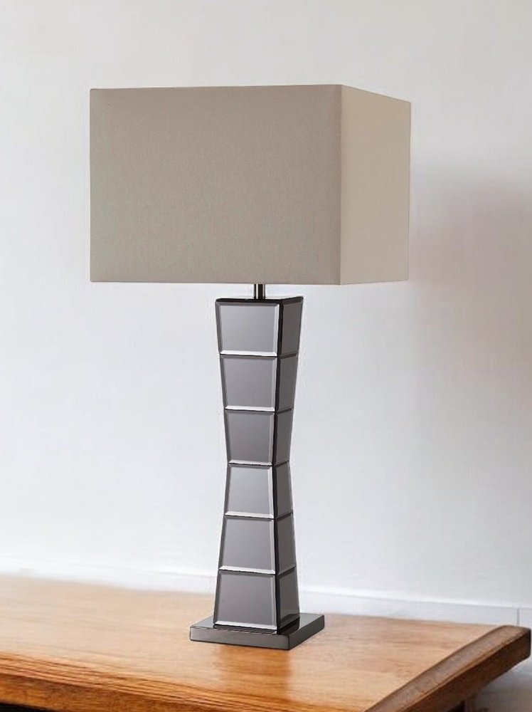 Black Glass Tower Table Lamp with Beige Fabric Shade