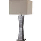 Black Glass Tower Table Lamp with Beige Fabric Shade