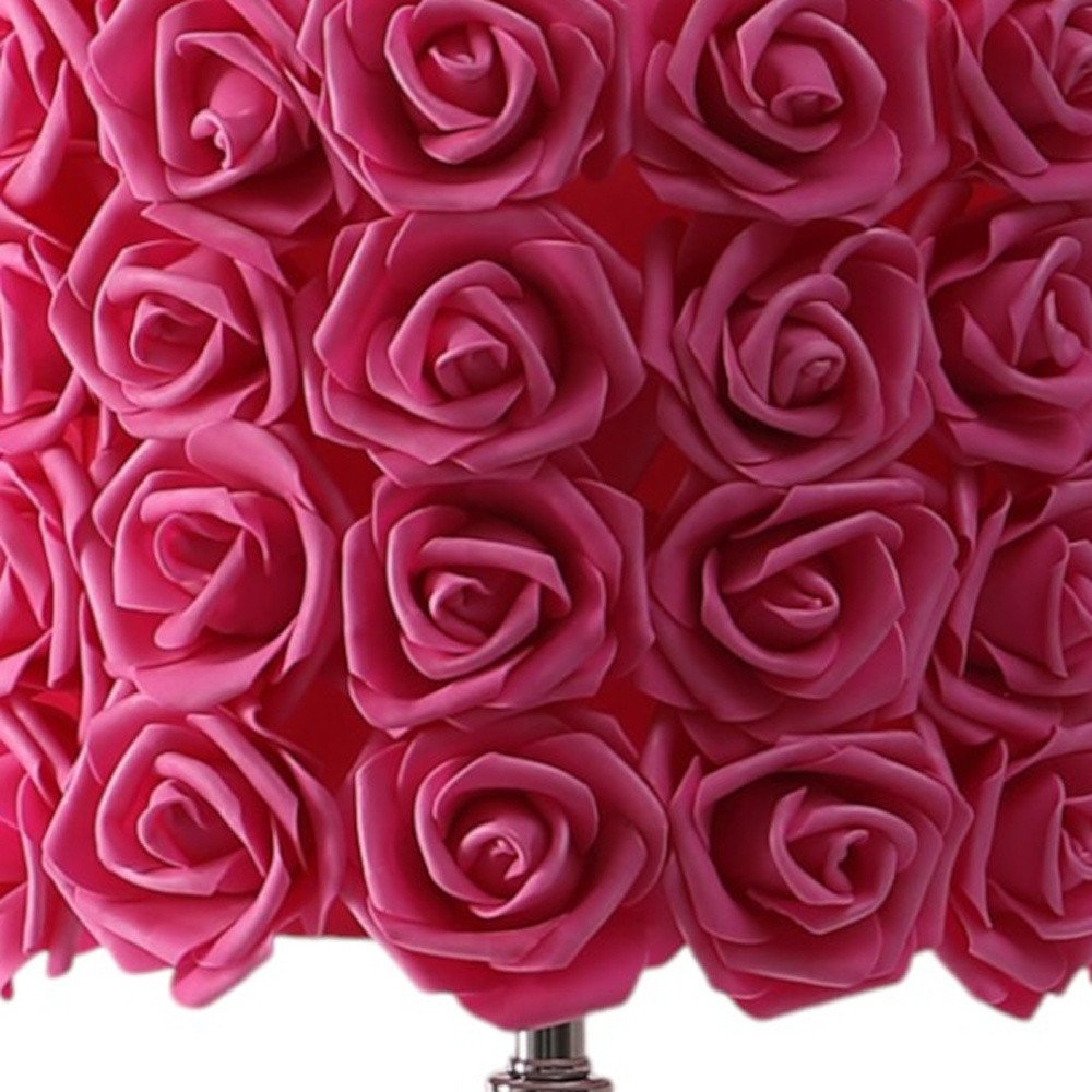 18" Silver Bedside Led Table Lamp With Red Flowers Drum Shade