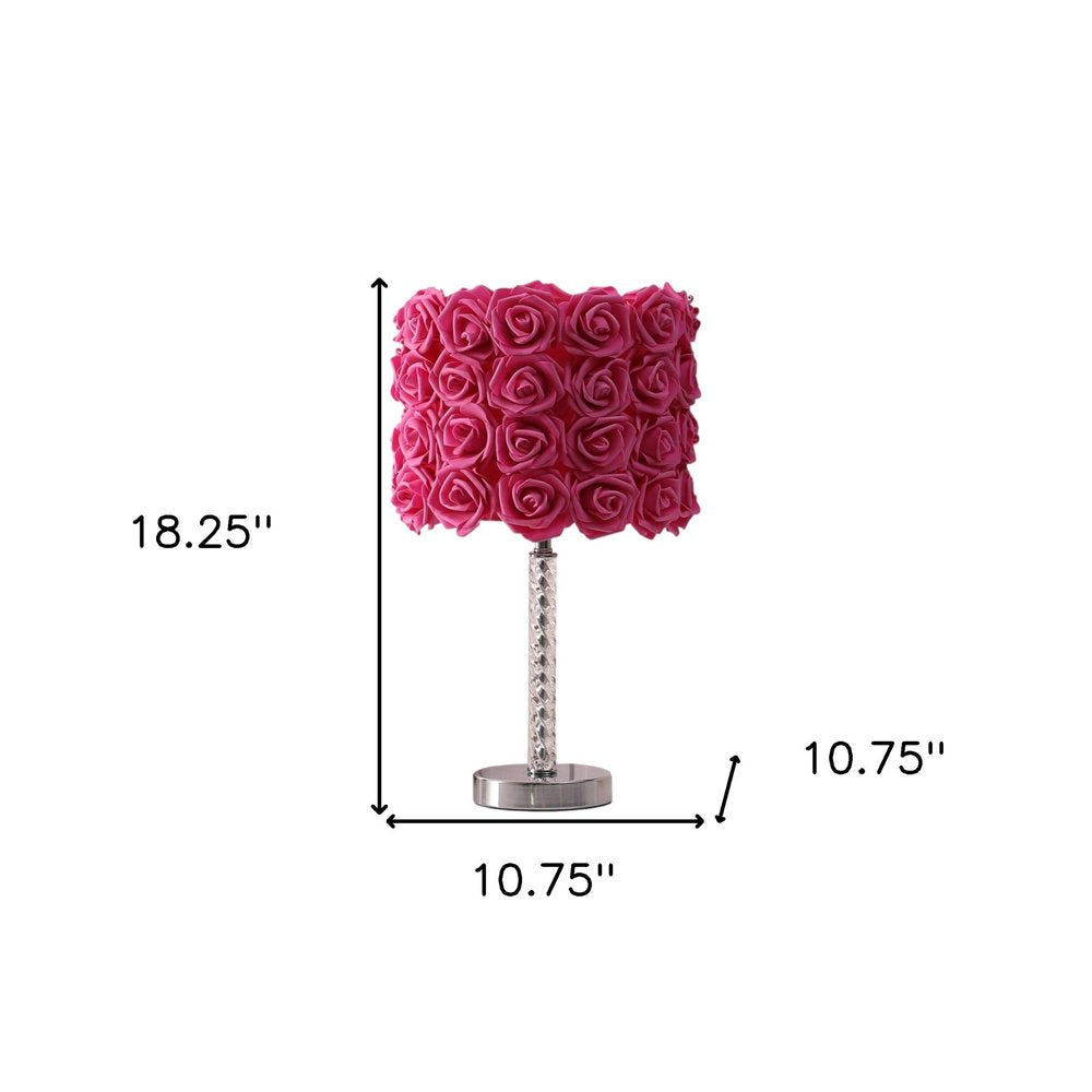 18" Silver Bedside Led Table Lamp With Red Flowers Drum Shade