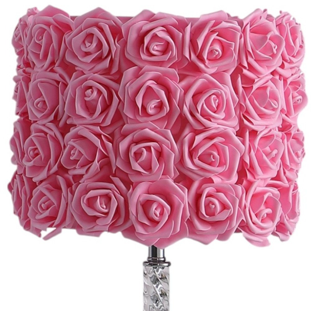 18” Pink Roses Acrylic And Metal Table Lamp