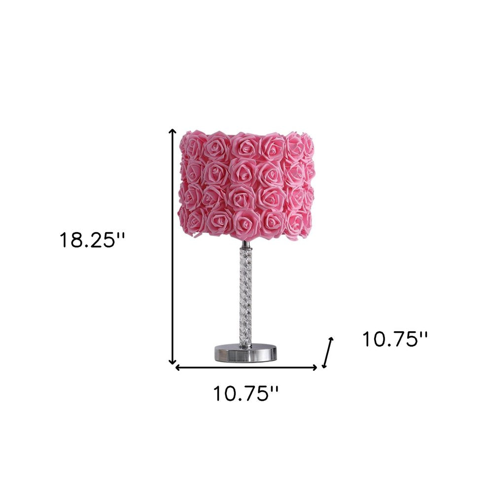 18” Pink Roses Acrylic And Metal Table Lamp