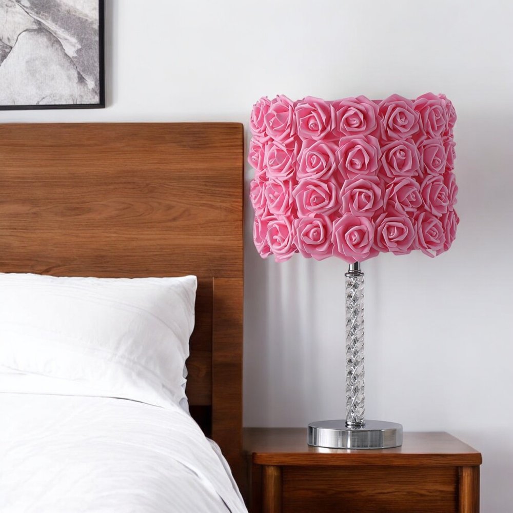 18” Pink Roses Acrylic And Metal Table Lamp