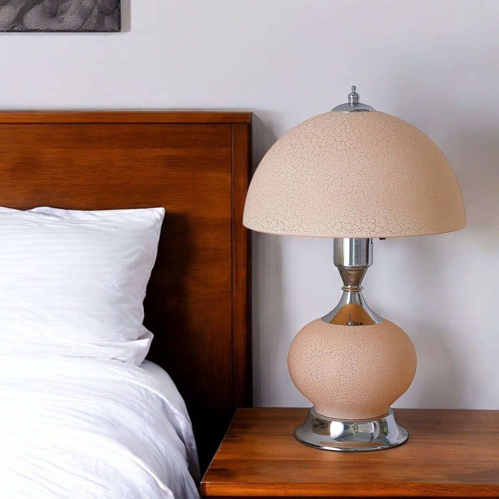 24" Silver Bedside Led Table Lamp With Pink Bowl Shade