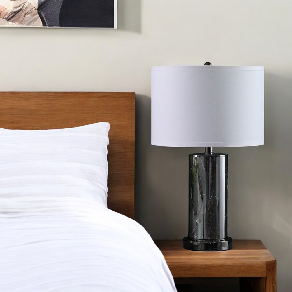 21" Glass LED Cylinder Table Lamp with Nightlight and White Drum Shade