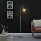 64" Gold And White Arched Floor Lamp With Gold Metal Cage Shade