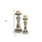Set of 2 Beige And Brown Vintage Pillar Tabletop Candle Holders