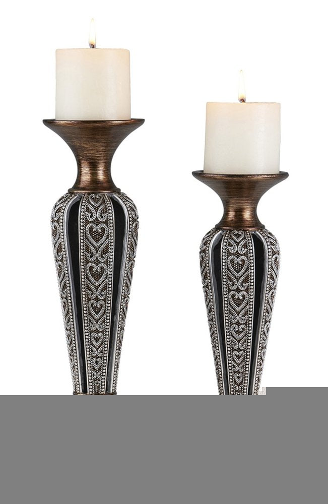Set of Two Bronze and Silver Polyresin Hearts Centerpiece Pillar Candle Holders With Candle