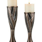 Set of Two Black Silver and Bronze Polyresin Abstract Centerpiece Pillar Candle Holders With Candle