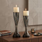 Set of Two Black Silver and Bronze Polyresin Abstract Centerpiece Pillar Candle Holders With Candle