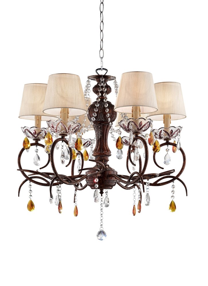 Brown And White Shaded Four Light Metal and Crystal Glass Chandelier With White Shades