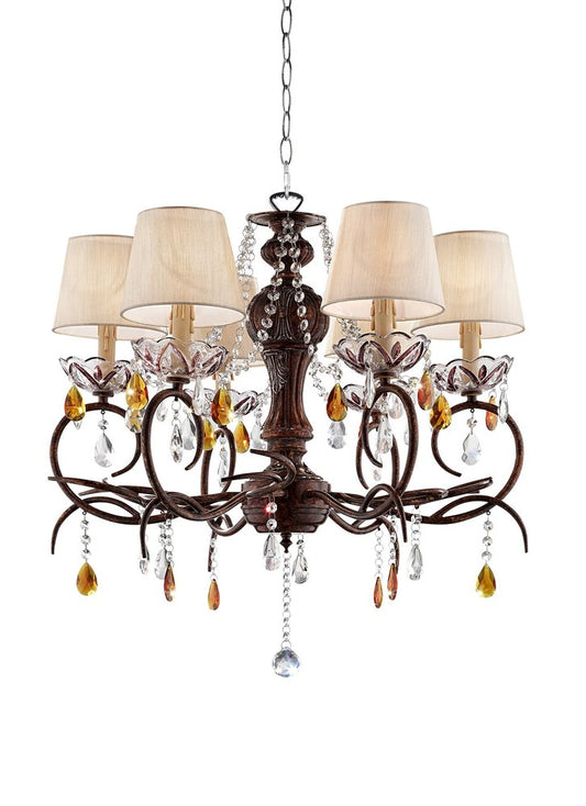 Brown And White Shaded Four Light Metal and Crystal Glass Chandelier With White Shades