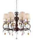 Brown And White Shaded Four Light Metal and Crystal Glass Chandelier With White Shades