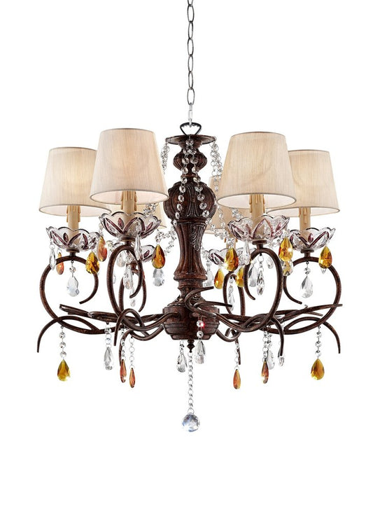 Brown And White Shaded Four Light Metal and Crystal Glass Chandelier With White Shades