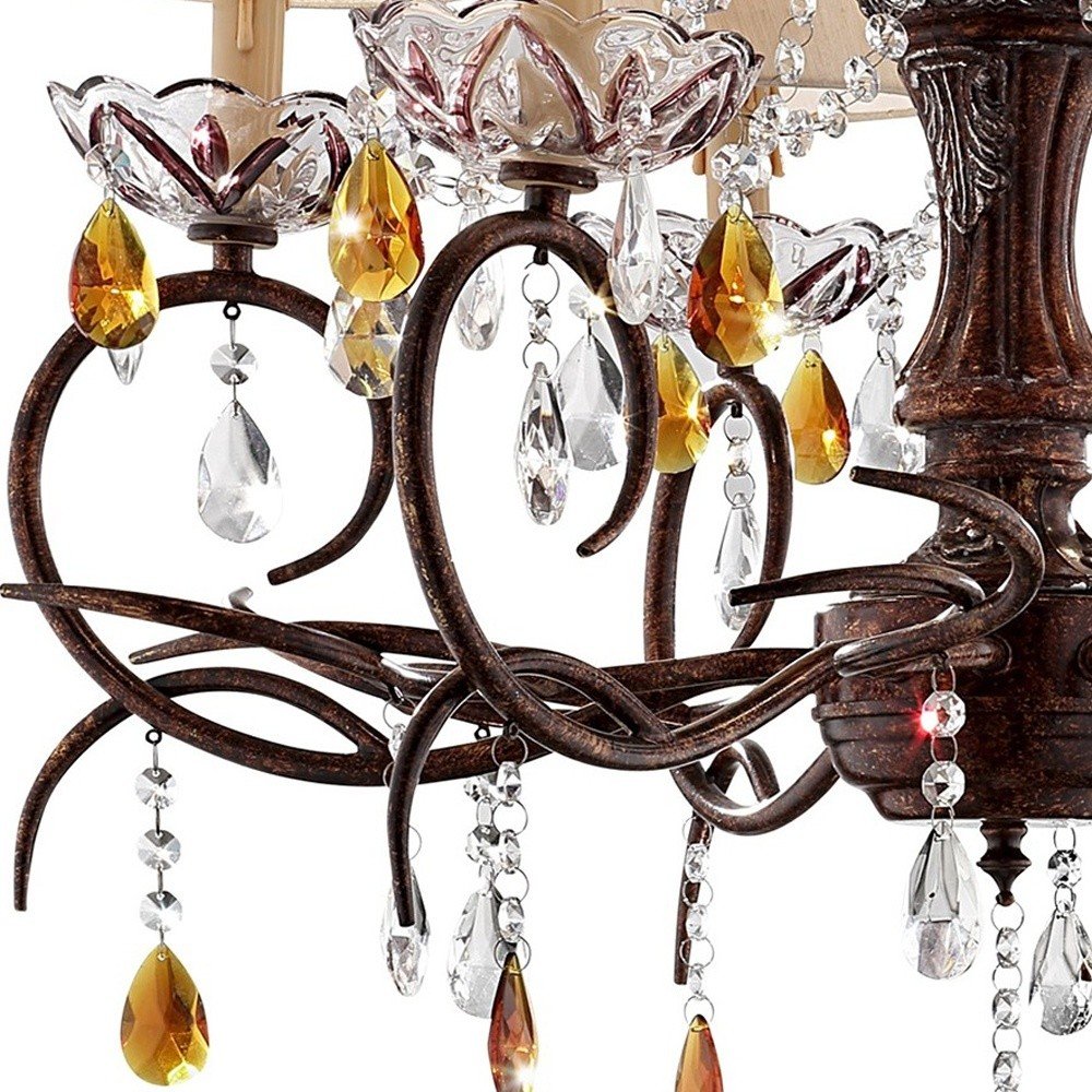 Brown And White Shaded Four Light Metal and Crystal Glass Chandelier With White Shades