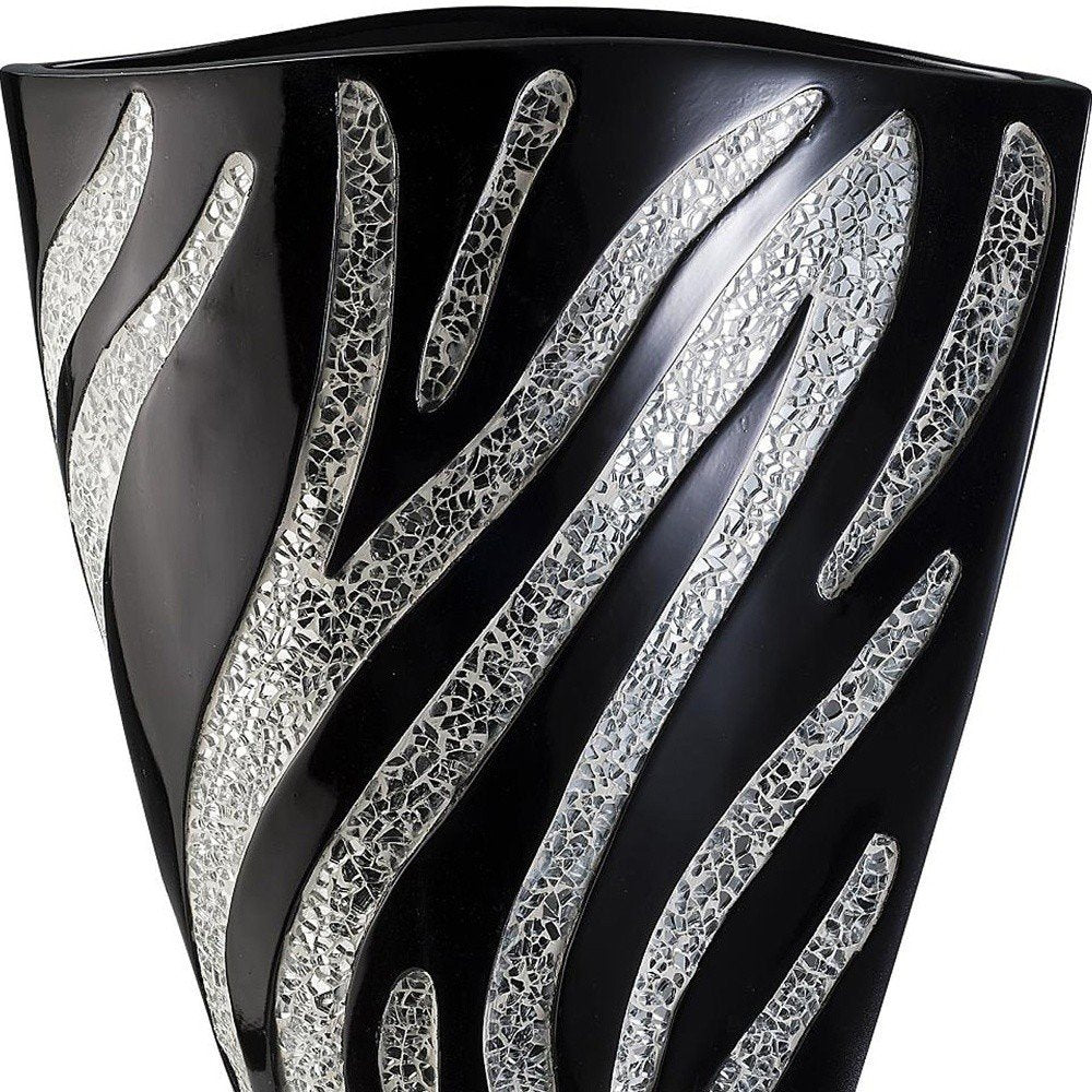 14" Black And Silver Striped Wavy Polyresin Table Vase