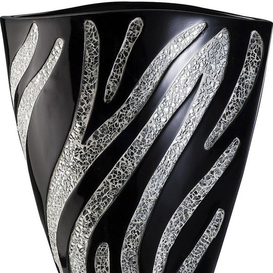 14" Black And Silver Striped Wavy Polyresin Table Vase
