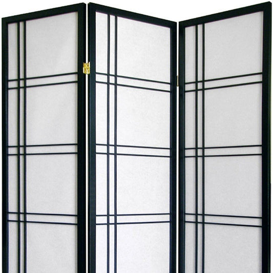 70" Black And White Heavy Duty Rice Paper Folding Three Panel Screen Room Divider