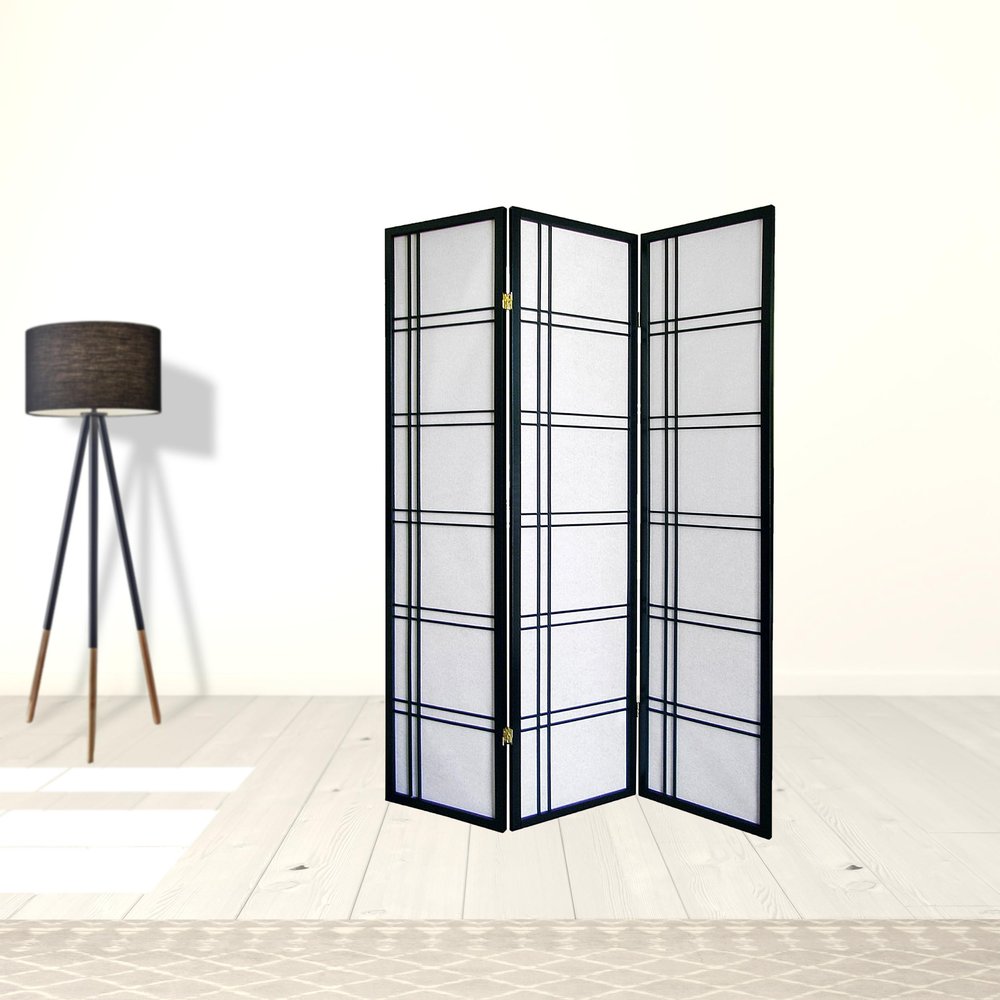 70" Black And White Heavy Duty Rice Paper Folding Three Panel Screen Room Divider
