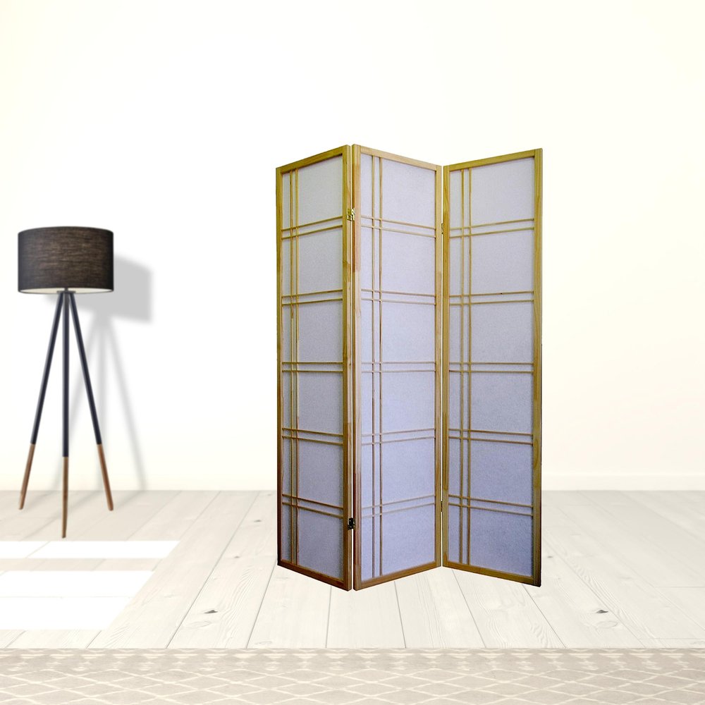 70" Brown And White Heavy Duty Rice Paper Folding Three Panel Screen Room Divider