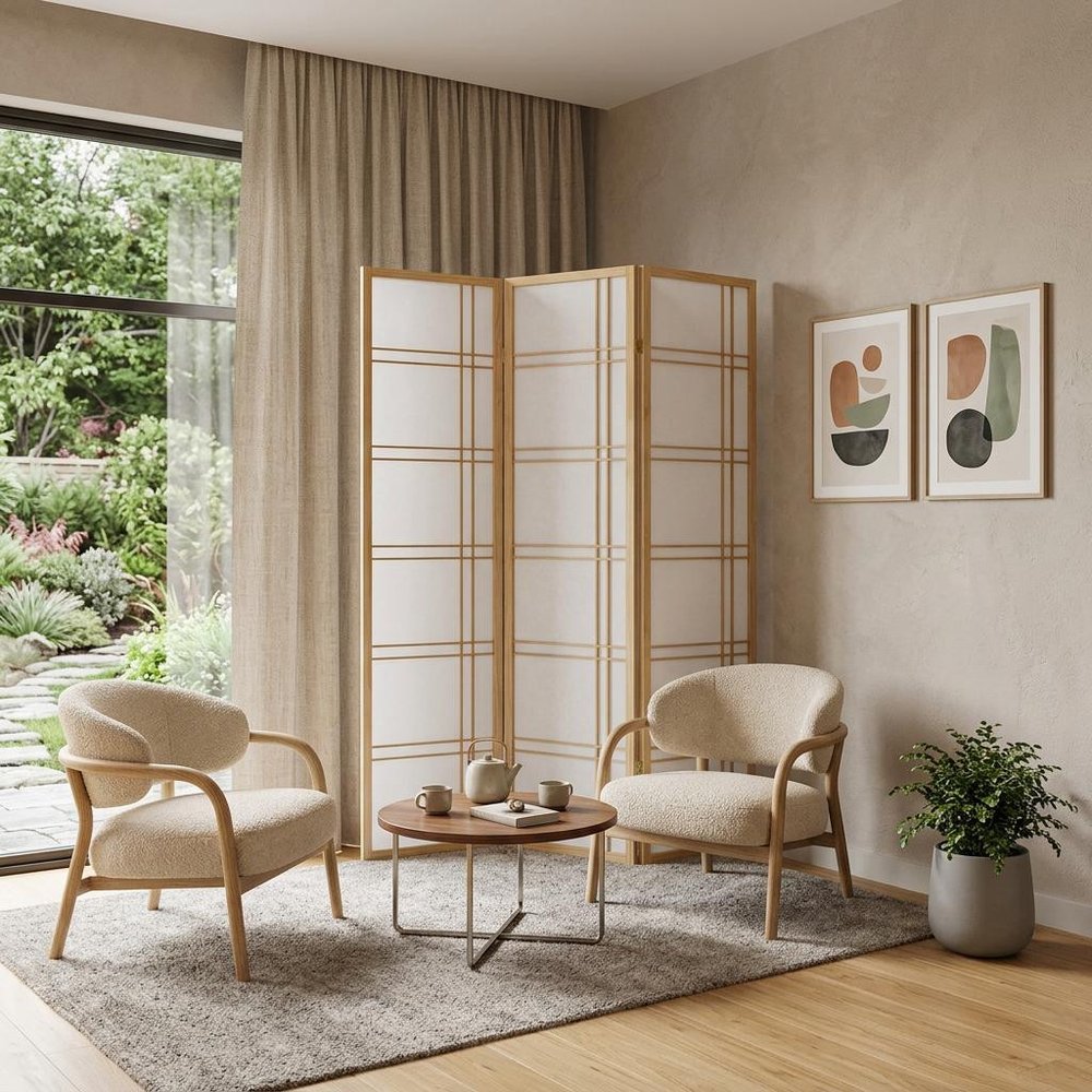 70" Brown And White Heavy Duty Rice Paper Folding Three Panel Screen Room Divider