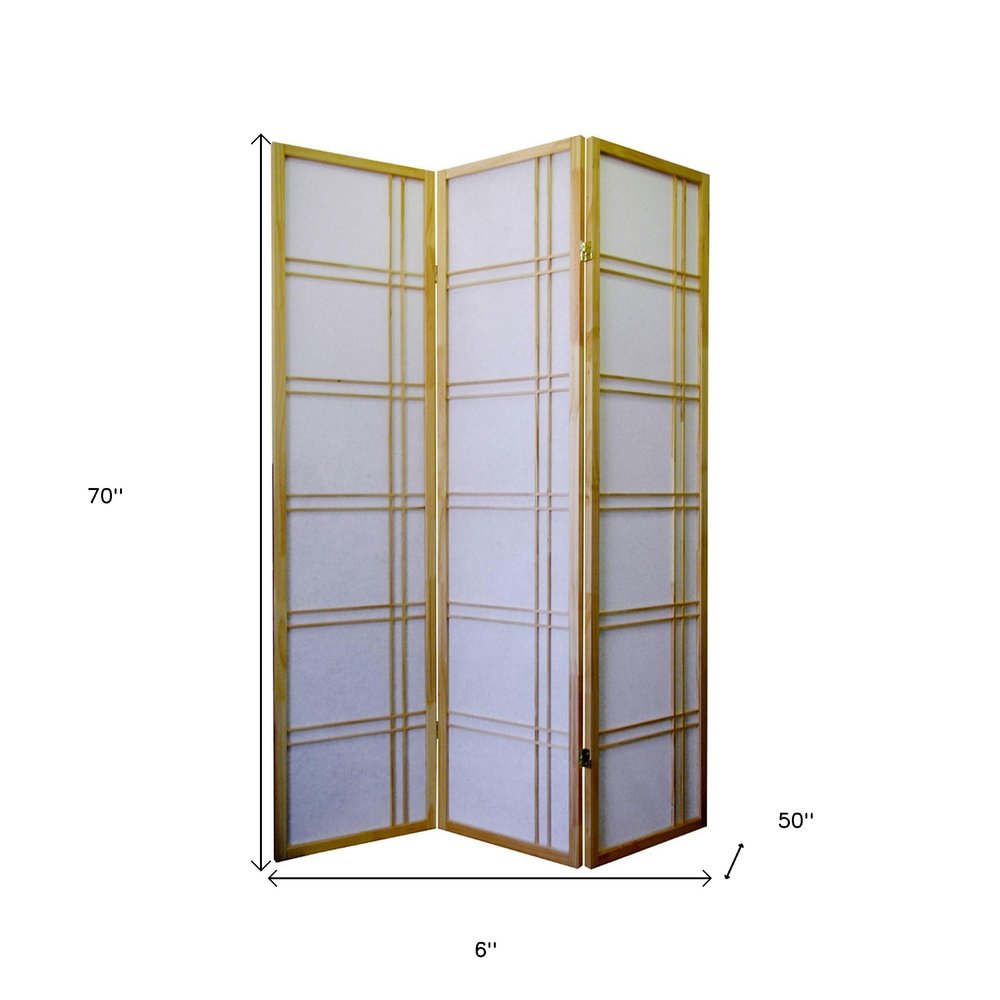 70" Brown And White Heavy Duty Rice Paper Folding Three Panel Screen Room Divider