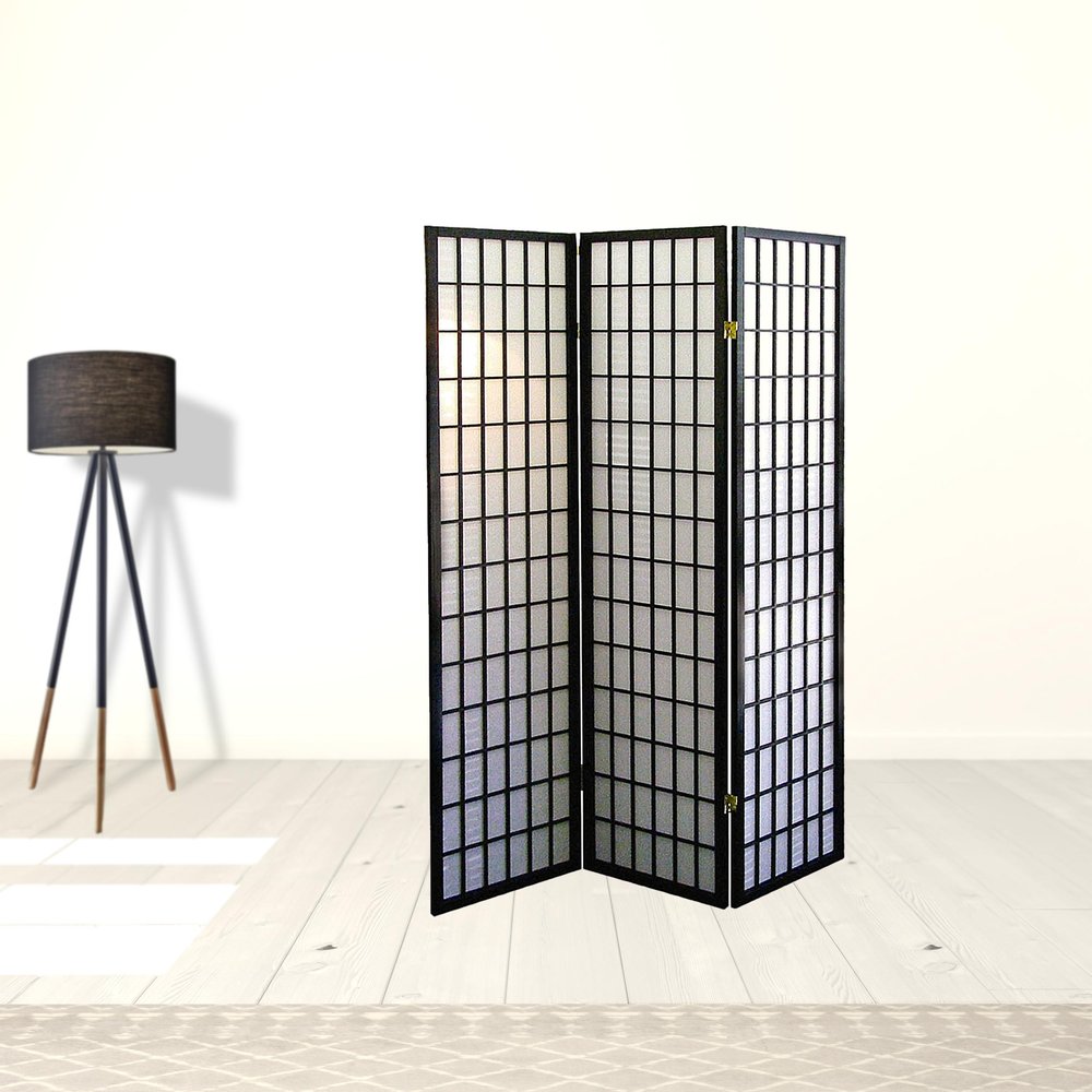 70" Black And White Heavy Duty Rice Paper Folding Three Panel Screen Room Divider