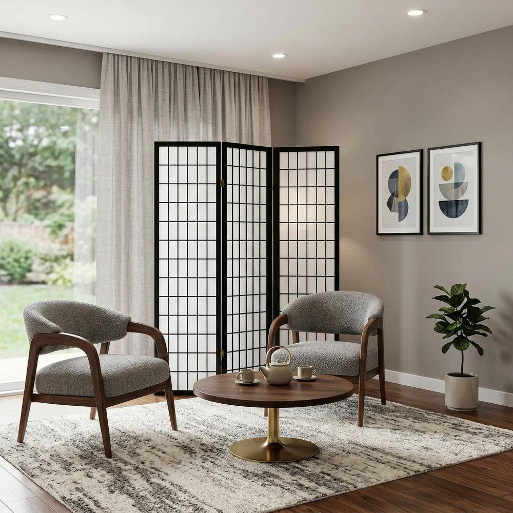 70" Black And White Heavy Duty Rice Paper Folding Three Panel Screen Room Divider