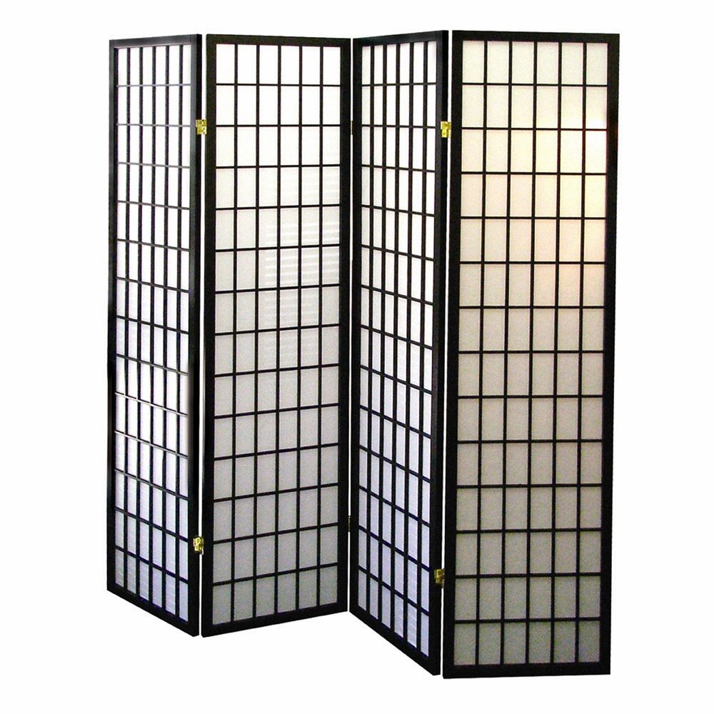 70" Black And White Heavy Duty Rice Paper Folding Four Panel Screen Room Divider