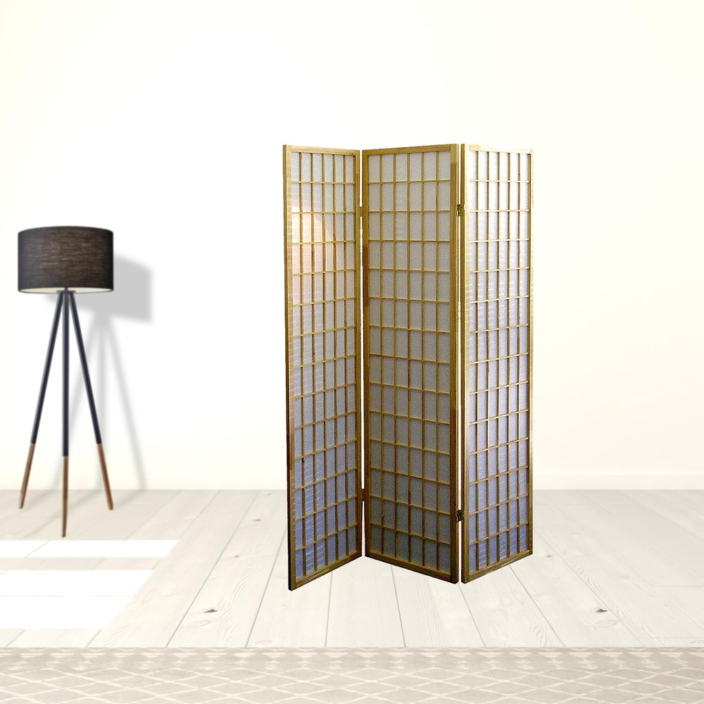 70" Brown Heavy Duty Rice Paper Folding Three Panel Screen Room Divider
