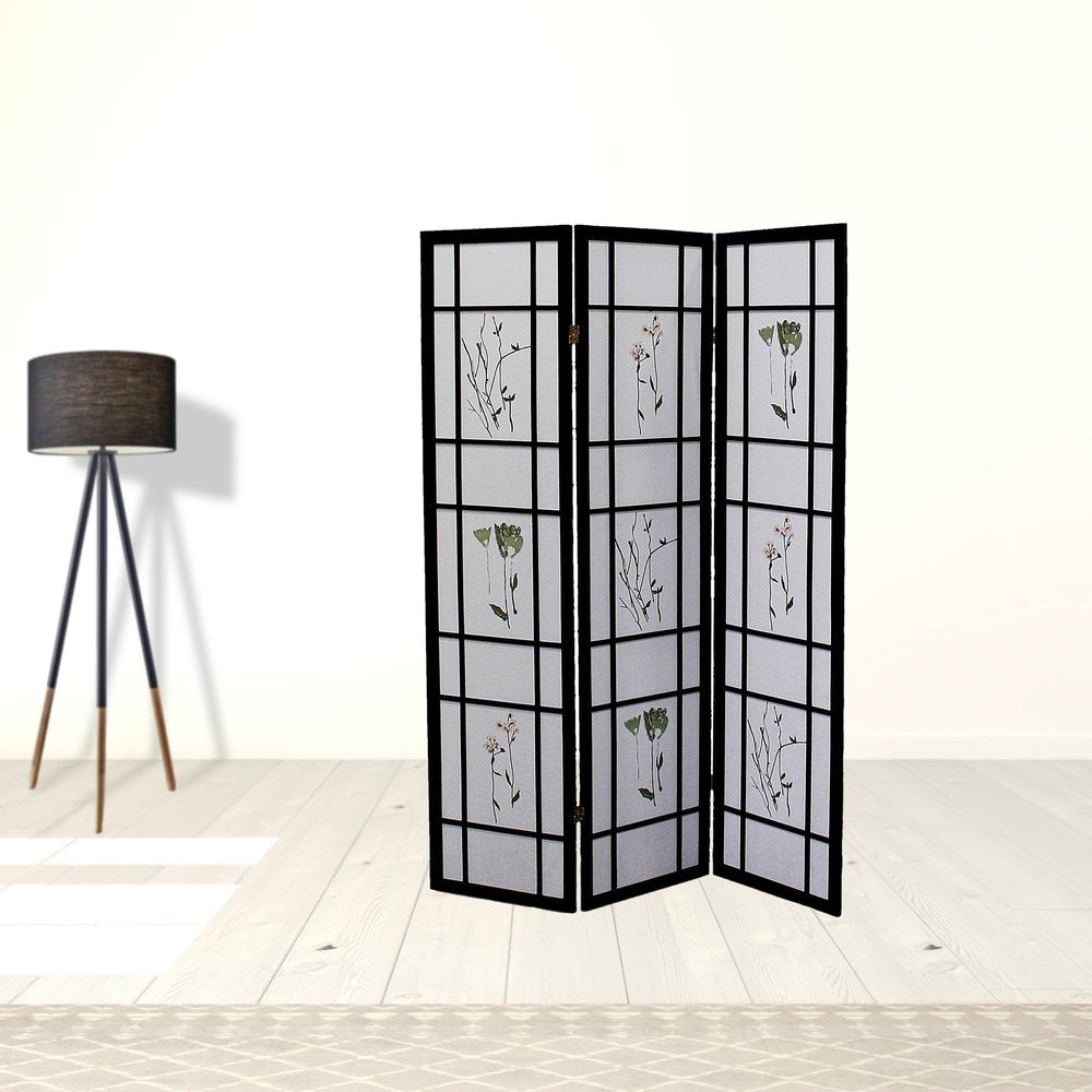 70" Black And White Heavy Duty Rice Paper Folding Three Panel Screen Room Divider