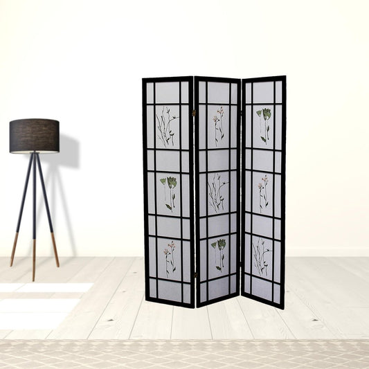70" Black And White Heavy Duty Rice Paper Folding Three Panel Screen Room Divider