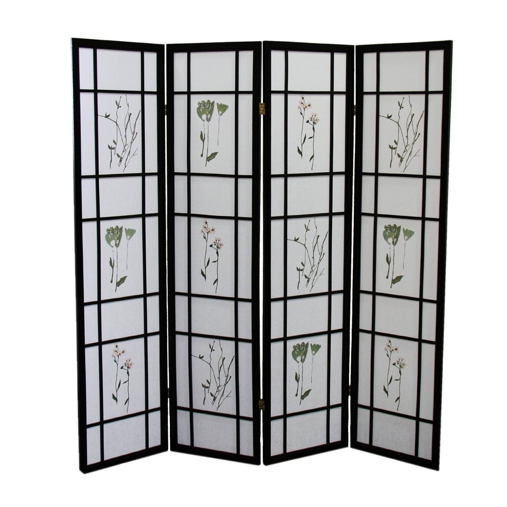 70" Black And White Heavy Duty Rice Paper Folding Four Panel Screen Room Divider