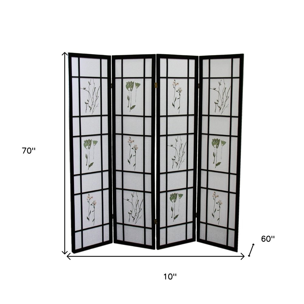 70" Black And White Heavy Duty Rice Paper Folding Four Panel Screen Room Divider