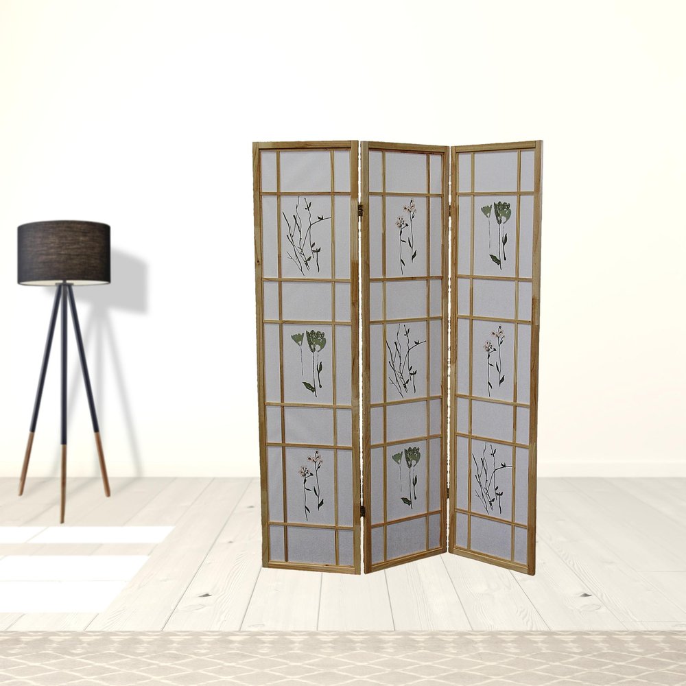 70" Brown And White Heavy Duty Rice Paper Folding Three Panel Screen Room Divider
