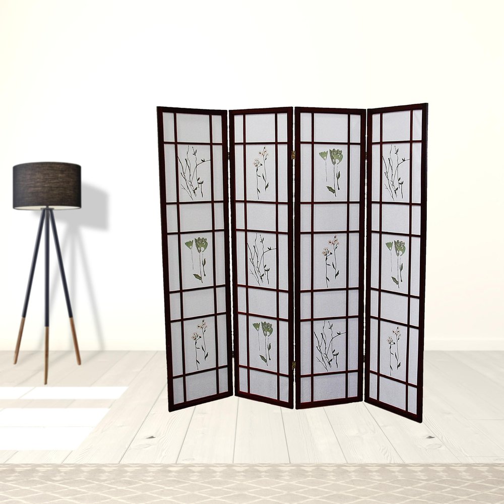 70" Brown Heavy Duty Rice Paper Folding Four Panel Screen Room Divider