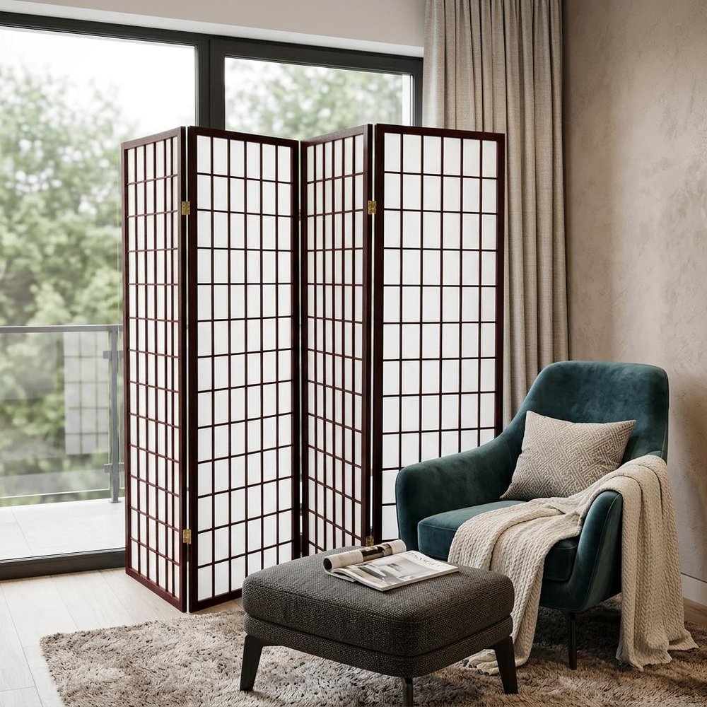 70" Brown Heavy Duty Rice Paper Folding Four Panel Screen Room Divider