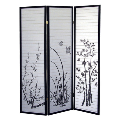 70" Black And White Heavy Duty Rice Paper Folding Three Panel Screen Room Divider