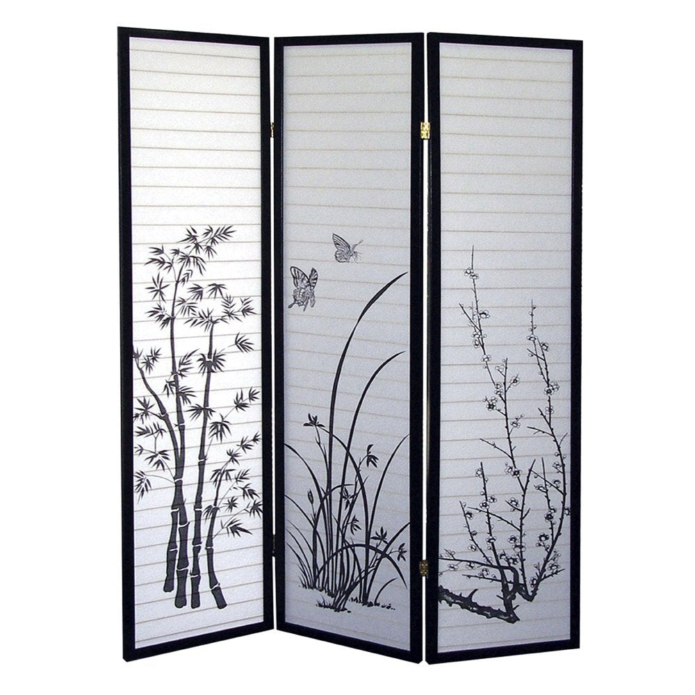 70" Black And White Heavy Duty Rice Paper Folding Three Panel Screen Room Divider