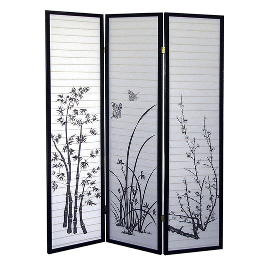 70" Black And White Heavy Duty Rice Paper Folding Three Panel Screen Room Divider