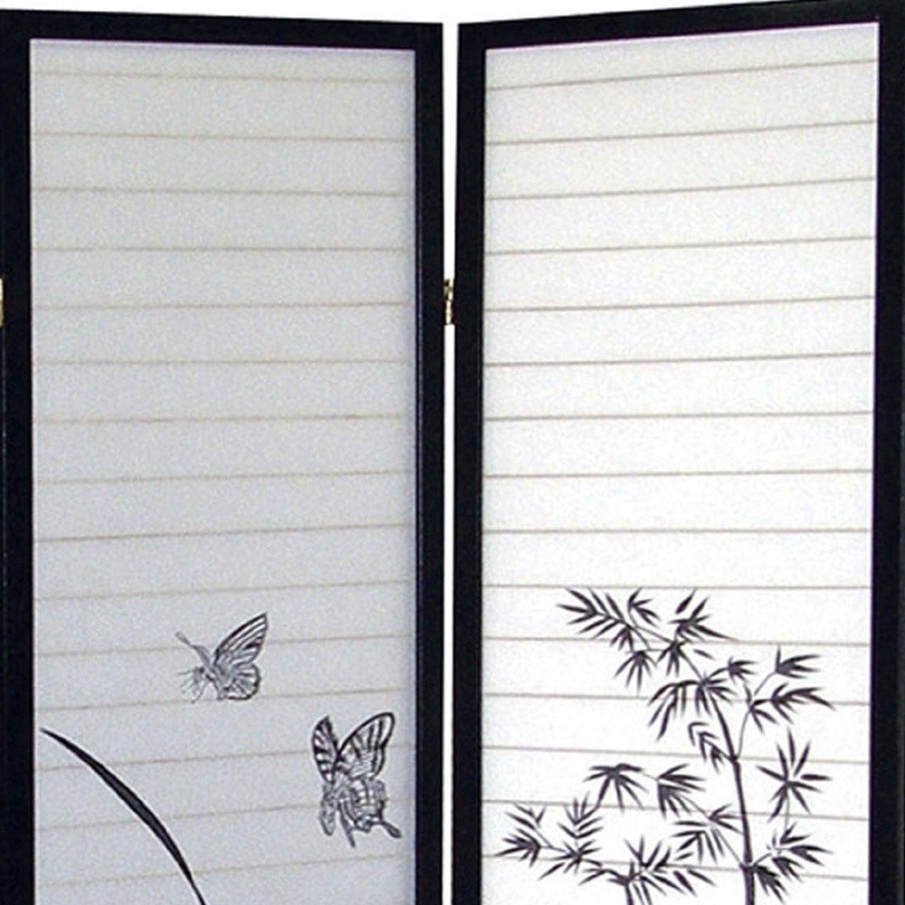 70" Black And White Heavy Duty Rice Paper Folding Three Panel Screen Room Divider