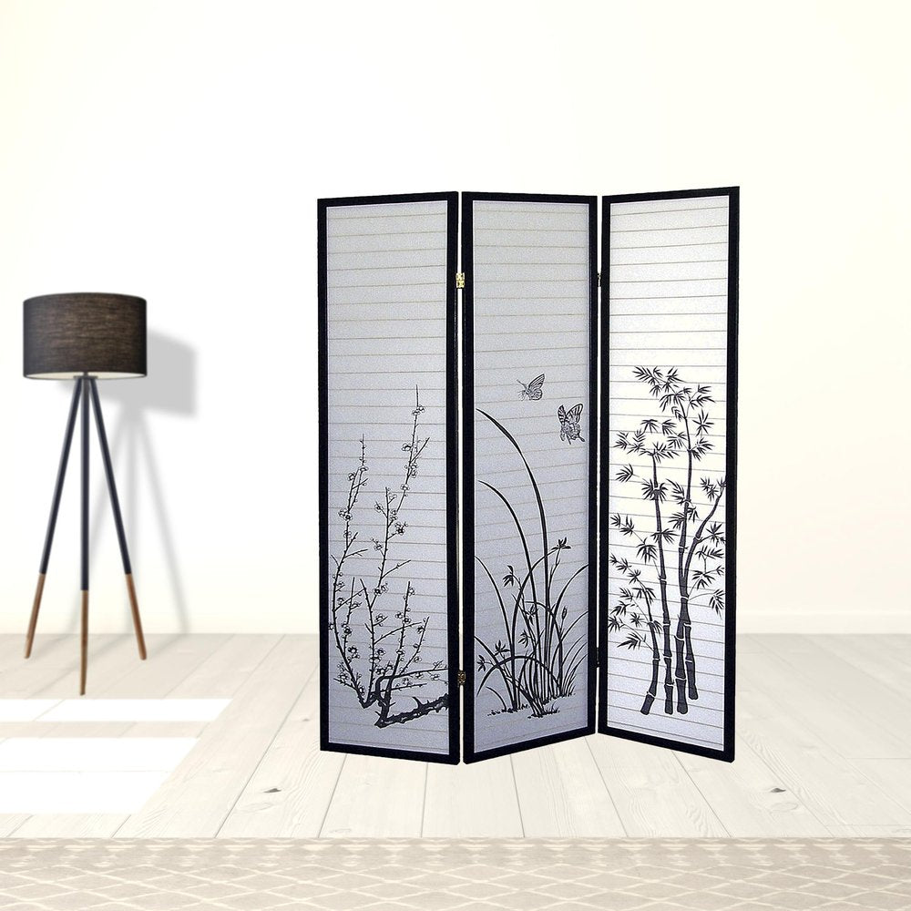 70" Black And White Heavy Duty Rice Paper Folding Three Panel Screen Room Divider