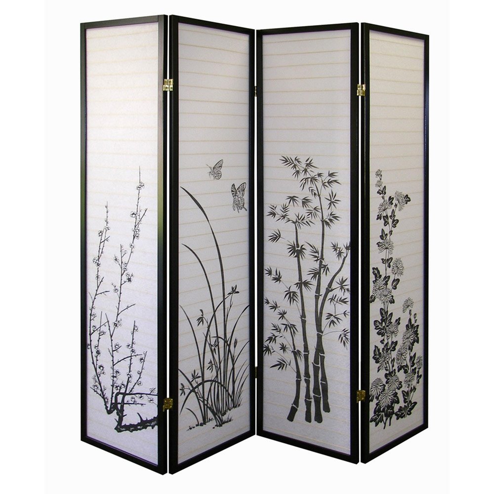70" Black And White Heavy Duty Rice Paper Folding Four Panel Screen Room Divider